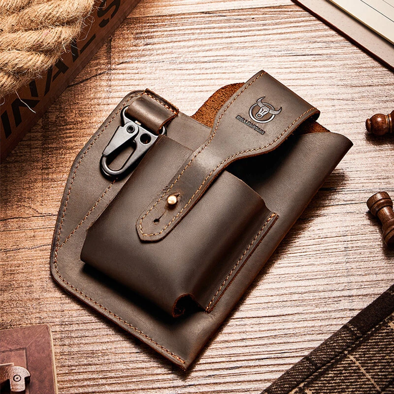 (image for) BULLCAPTAIN Genuine Leather Waist Bag for Men Belt Bag Packs 7inch Cell Phone Purse Waist Bag Wear Buckle Retro Belt Pack